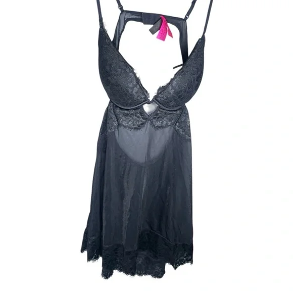 LaSenza Large Babydoll Lingerie Outfit Black Push Up Sexy Sheer Lace Chemise Bra - Picture 12 of 13